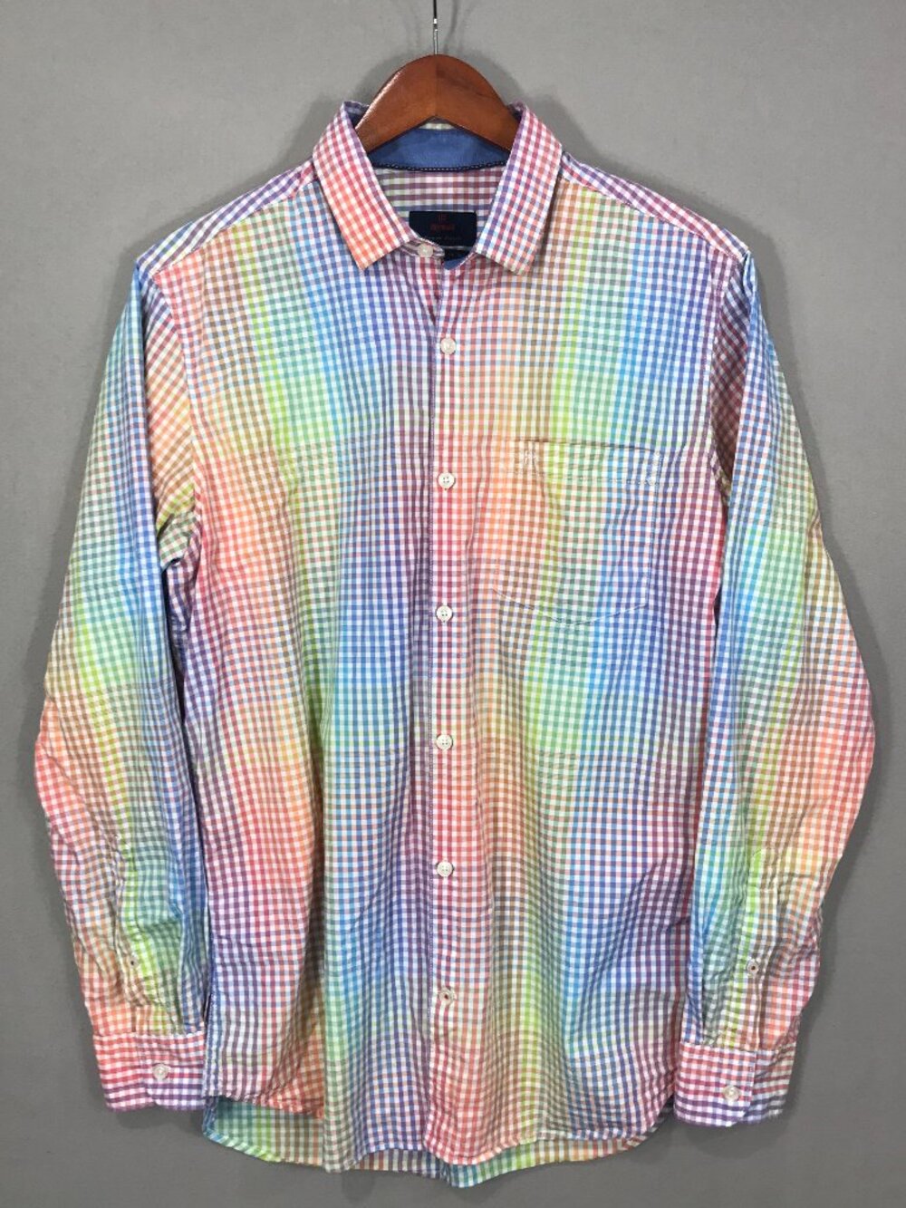 Raymond Shirt Men's Medium Rainbow Gingham Button Down Long Sleeve Pocket Logo